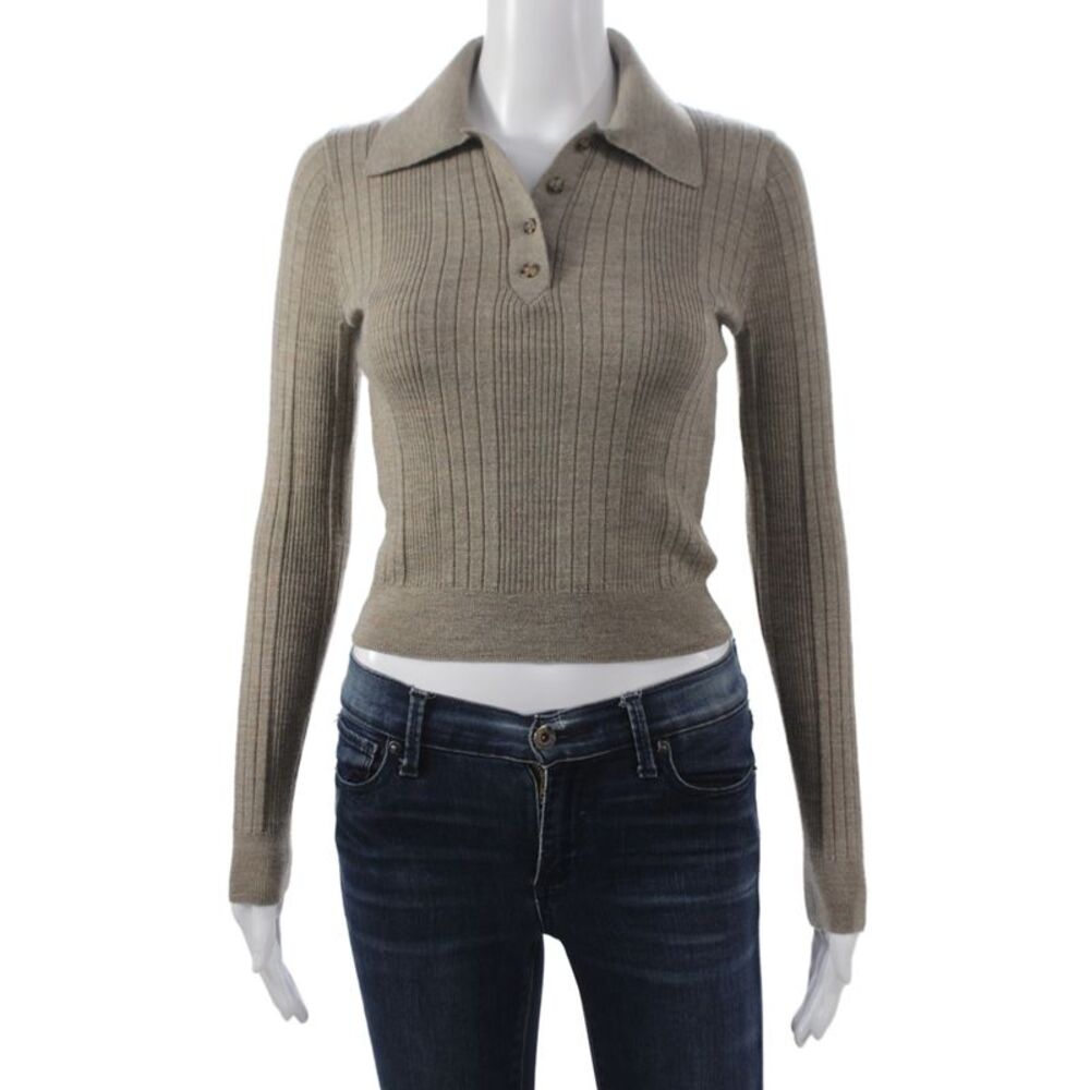 Reformation Womens Cropped Striped Merino Polo Collared Long Sleeve Tan Size XS